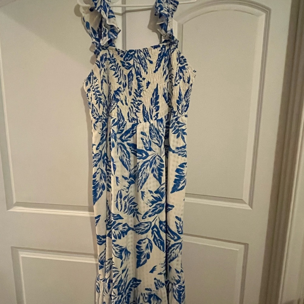 Blue and White Leaf Print Dress